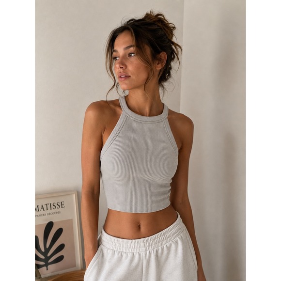 aerie Tops - Aerie Real Good Ribbed Seamless Halter Tank Top Grey‎ High Neck Racerback Crop M